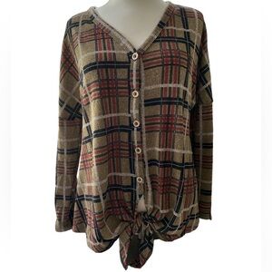 Button down tie front knit blouse long sleeve V-neckline striped size medium